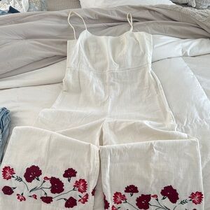 White Jumpsuit with Red Floral Embroidery